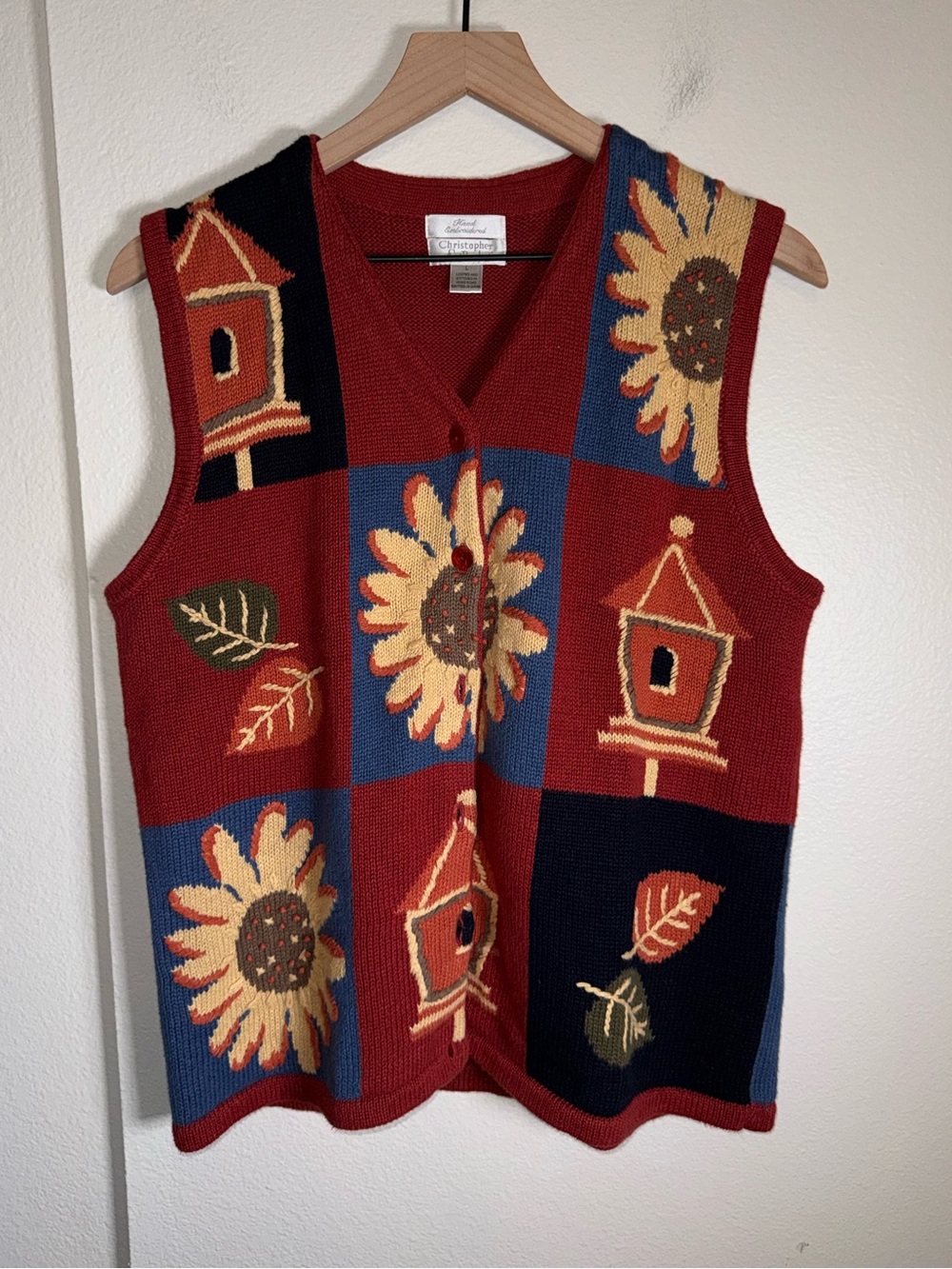 CHRISTOPHER AND BANKS Autumn Hand Embroidered Vintage Neutral Sunflower Vest L